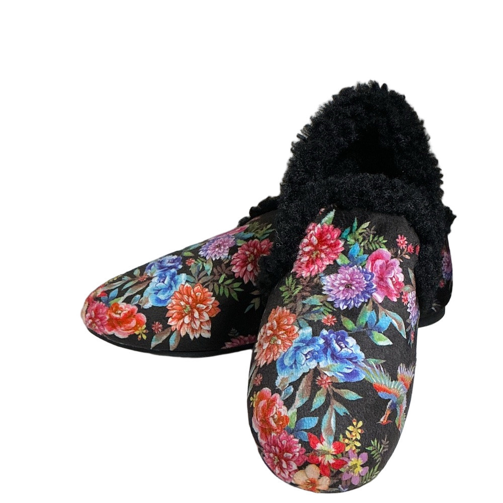 Johnny Was Dreamer Floral Cozy Shearling Loafer Slippers Black Size 7